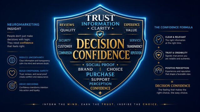 Decision Confidence Concept with Trust, Reviews, Social Proof, Customer Experience, Brand Value and Purchase Choice