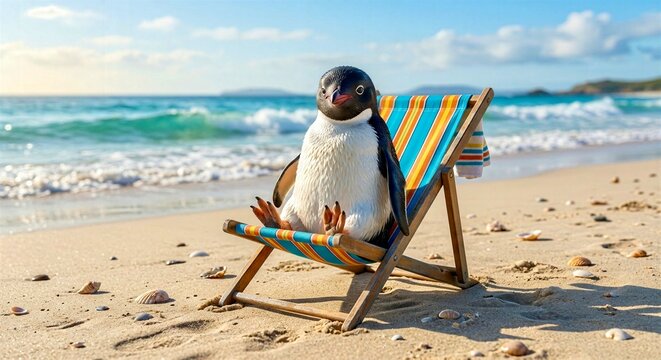 Cute Penguin Sitting on Striped Beach Chair by Ocean Waves