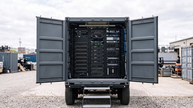 Mobile data center truck with open container server rack for edge computing and communications