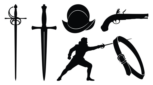 Set of black silhouettes of historical fencing equipment including rapier, dagger, morion helmet, flintlock pistol, and fencer