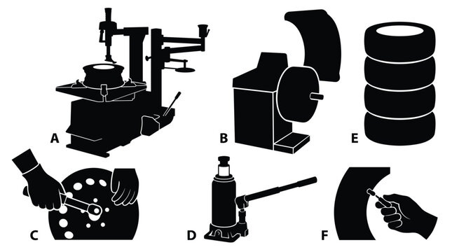 Set of black silhouettes representing tire service equipment including tire changer, wheel balancer, jack, and mechanic tools