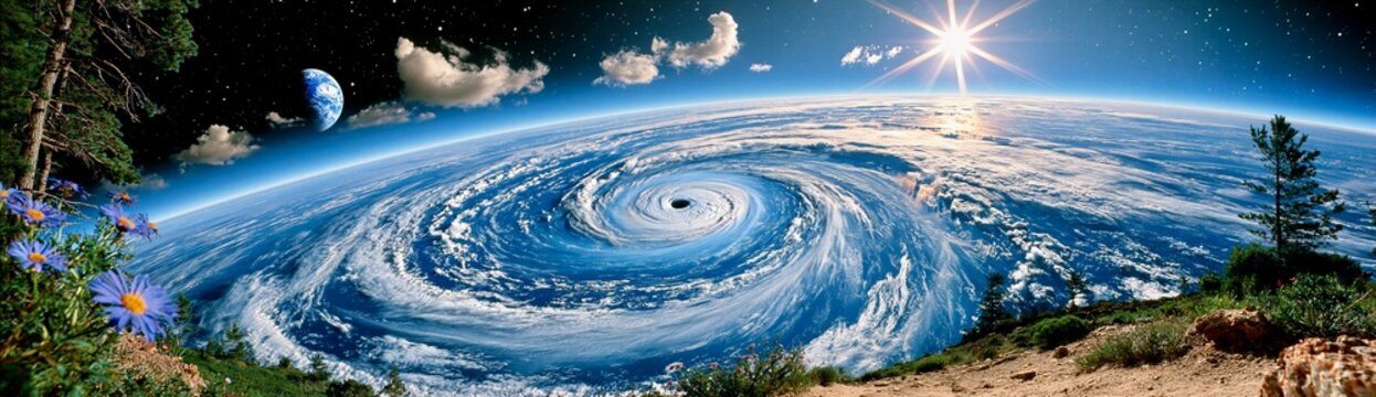 Earth from Space Landscape with Giant Hurricane Vortex Moon View and Sun Landscape Interstellar Banner