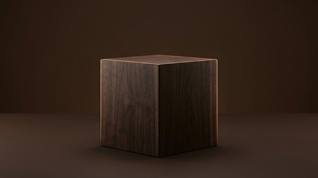 Polished dark wooden cube featuring exquisite natural grain textures and sharp symmetrical edges stands firm under soft dramatic studio lighting