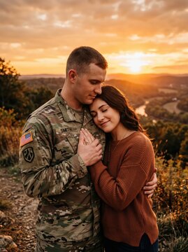 Soldier in camouflage uniform embracing partner on hilltop at sunset with golden light over valley, intimate couple portrait conveying reunion, love, support and tenderness outdoors