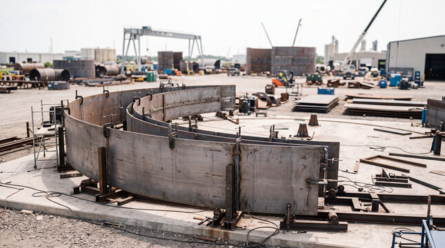 Steel tank fabrication yard with curved metal sections under construction at industrial manufacturing site