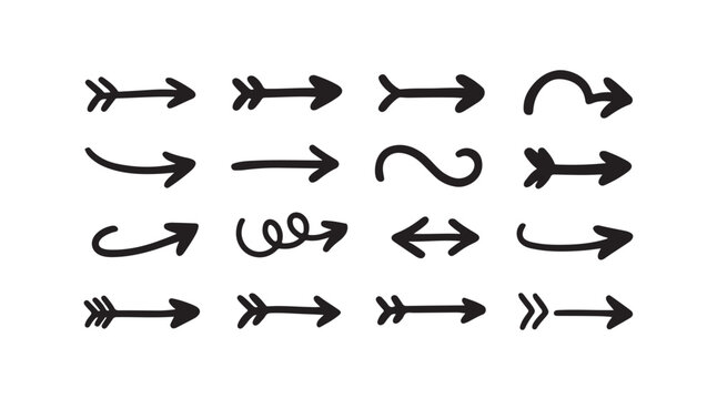 Set of hand drawn arrows with feather details and curled lines perfect for decoration or emphasizing text in documents.