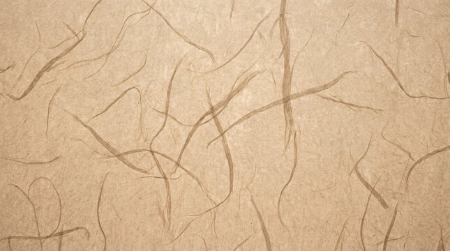 Textured light brown handmade paper surface with long dark organic fibers and pulp details