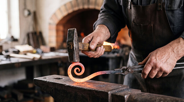 Blacksmith forging decorative scroll: metalworker hammering hot iron on anvil in traditional forge workshop
