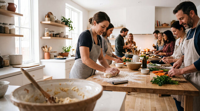 Friends cooking together in a bright kitchen during a group cooking class and meal preparation