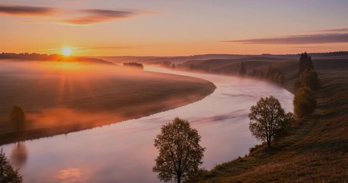Sunrise over winding river with thick mist.
