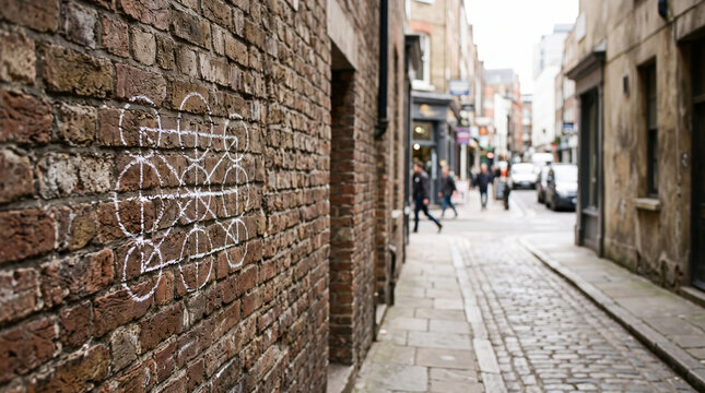 Chalk drawing mystical symbol on brick wall in narrow urban alley with cobblestone street and walking pedestrians
