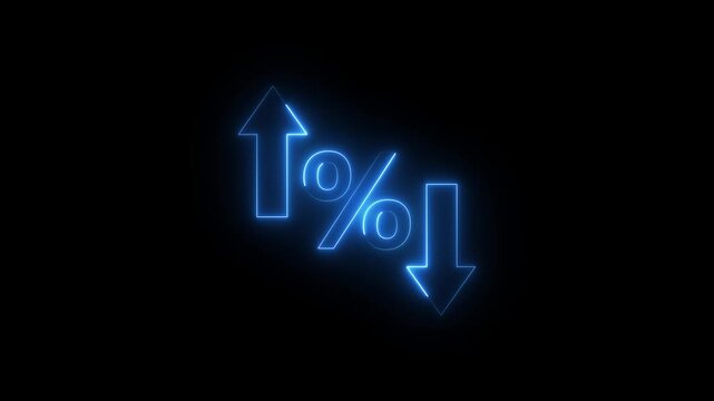 Glowing Neon Percentage Growth and Decline Icon Animation with Up and Down Arrows on Black Background, Financial Business Statistics, 4K Motion Graphics Loop..