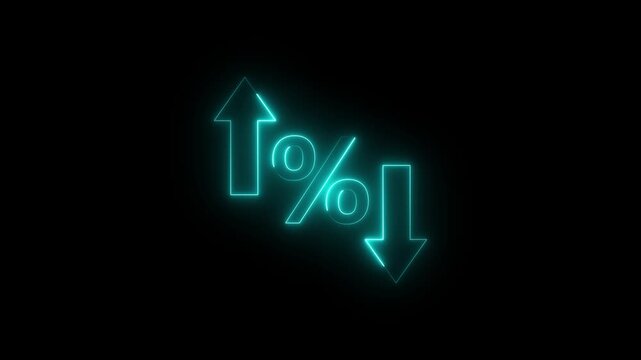 Glowing Neon Percentage Growth and Decline Icon Animation with Up and Down Arrows on Black Background, Financial Business Statistics, 4K Motion Graphics Loop..