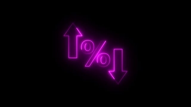 Glowing Neon Percentage Growth and Decline Icon Animation with Up and Down Arrows on Black Background, Financial Business Statistics, 4K Motion Graphics Loop..