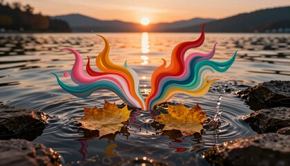 Fototapeta premium Vibrant Flame Sculptures and Maple Leaves at Sunset Over Lake