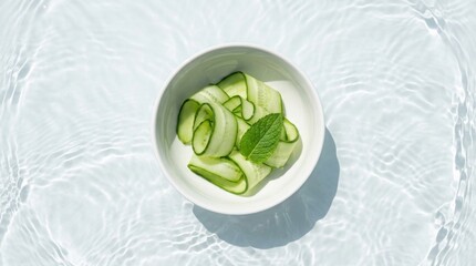Obraz premium Refreshing Cucumber Slices and Mint in White Bowl over Rippled Water