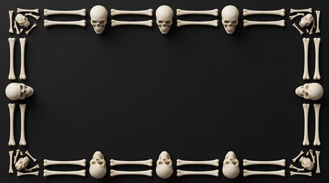 Skeletal frame border with skulls and bones on a black background