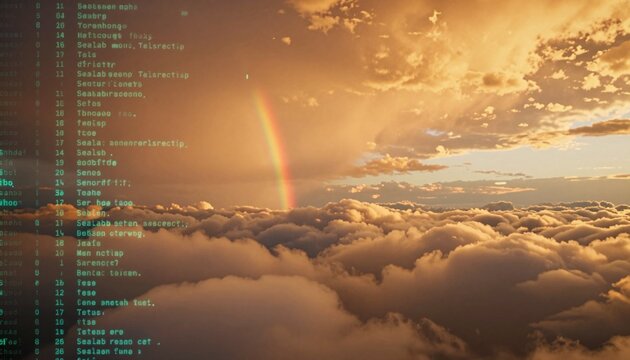 Digital Code Overlay on Sunset Cloudscape with Rainbow