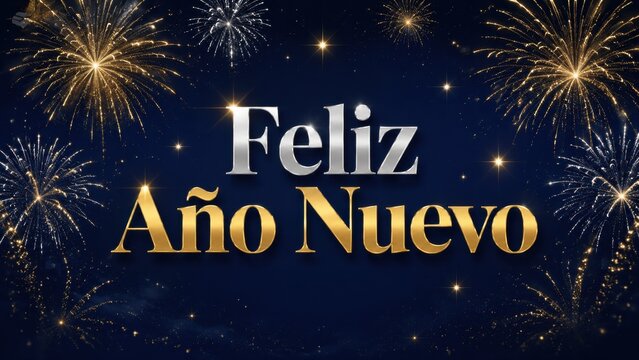 Happy new year fireworks greeting on dark blue background