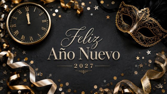 New year celebration with gold mask and clock