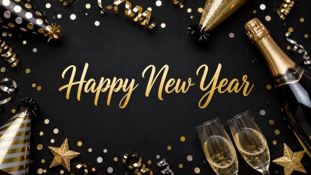 Happy New Year greeting with champagne and confetti
