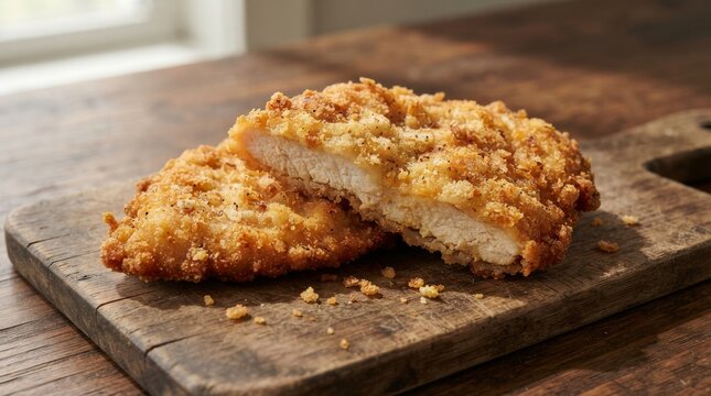 Golden Crispy Breaded Chicken Schnitzel on Rustic Wooden Board