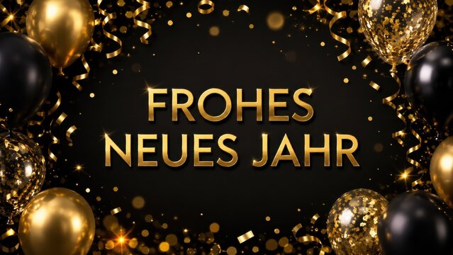 New year celebration with gold balloons and confetti