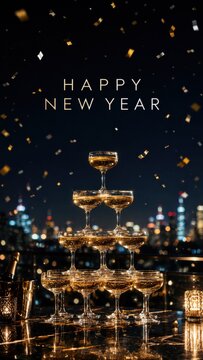 Champagne tower with happy new year message and confetti
