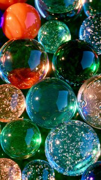 Colorful Glass Marbles and Bubbles Close Up Green Blue Orange Macro