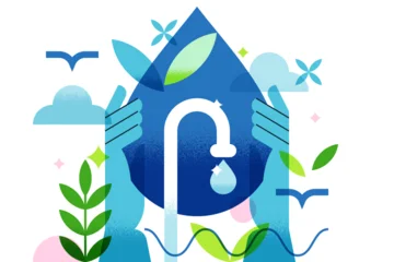 Vector geometric eco illustration. Hands holding water drop with tap silhouette. Clean resource conservation concept © Qualit Design