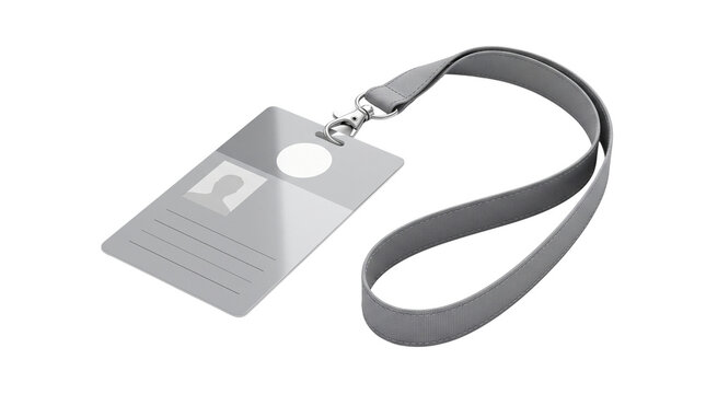 Professional gray lanyard with plastic ID card holder, blank identification badge mockup, corporate security name tag for events isolated PNG with Transparent Background