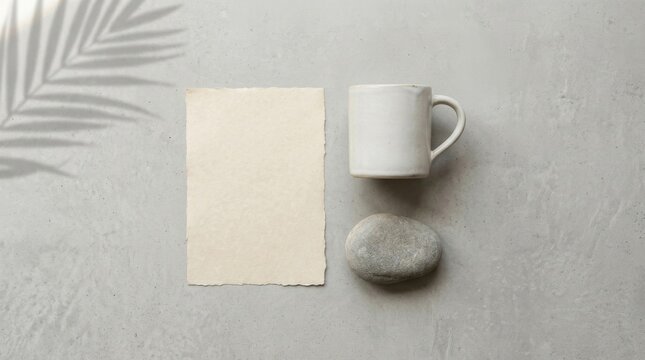 Minimalist Stationery Mockup with Blank Paper White Mug and Stone
