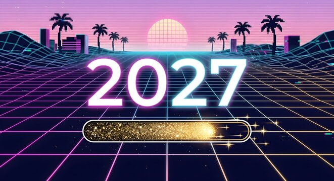 80s Synthwave Retro Neon Grid Horizon with Palm Trees Sunset and Glowing Progress Bar for 2027