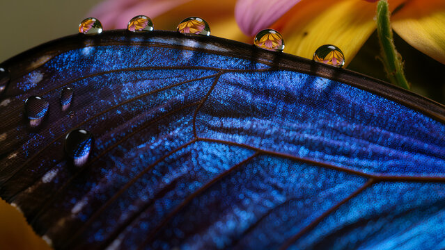 Extreme Macro Of Iridescent Blue Morpho Butterfly Wing With Dew Drops