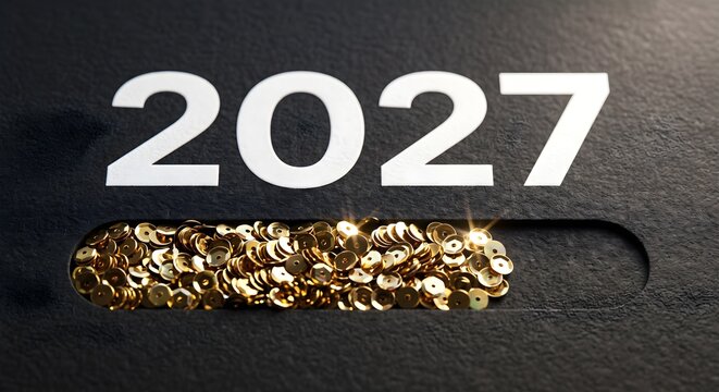 Minimalist Black Textured Surface with Bold White 2027 Typography and Sparkling Gold Sequin Loading Bar