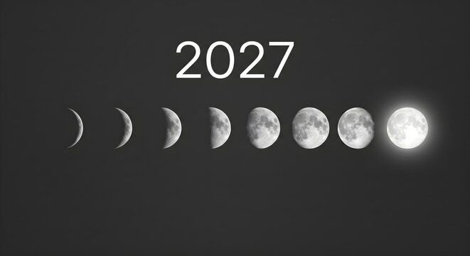 Elegant Dark Minimalist Background with White 2027 Typography and Glowing Lunar Moon Phases Progress Bar