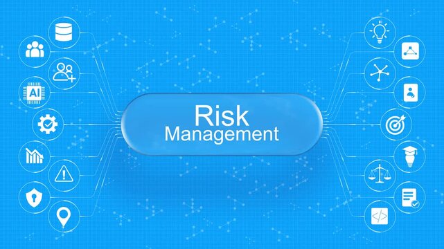 Advanced digital blueprint diagram displaying risk management strategies connected with various technological icons.