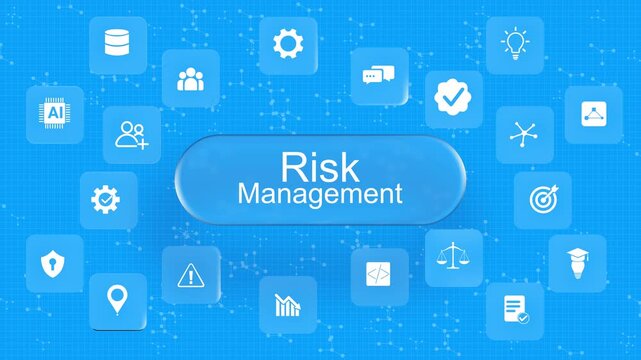Futuristic blue grid interface showcasing risk management features surrounded by glowing technological application icons.