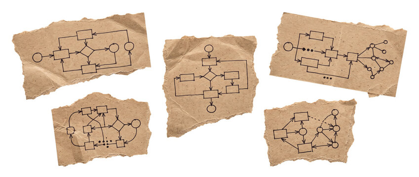 Business flowchart diagram paper scrap hand drawn process strategy algorithm workflow decision tree logic mapping system set isolated black background concept for planning and technical development.