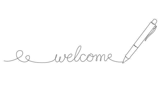 animated continuous line drawing of a pen writing the word welcome, minimalist line art animation