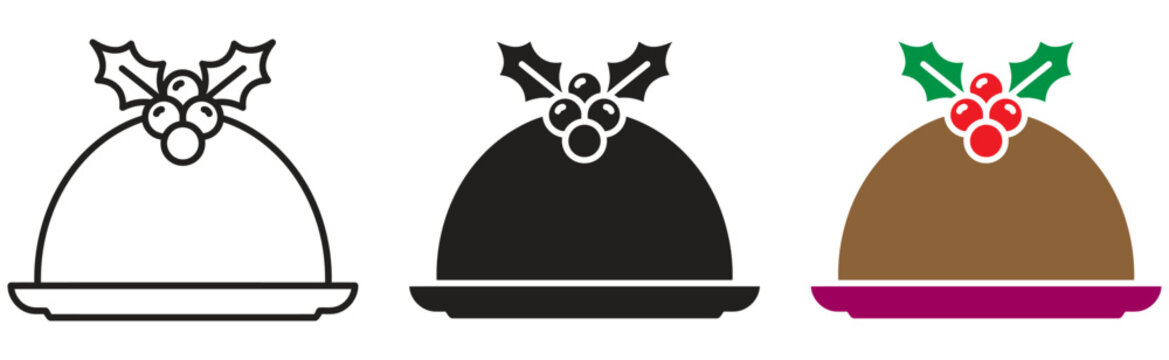 Set of three christmas pudding icons featuring outline silhouette and colorful flat design styles for holiday projects
