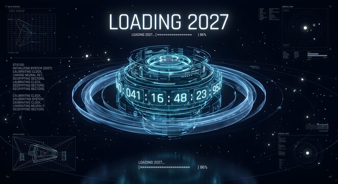High-Tech Sci-Fi Blueprint HUD Interface 2027 Loading Concept with Holographic Dial and Timestamps
