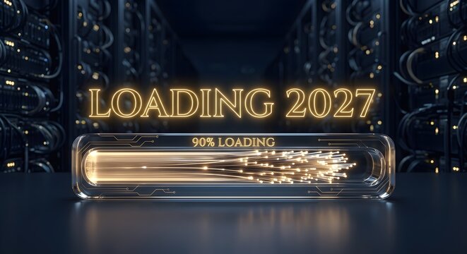 High-Tech Server Room Data Center Background with Glowing Golden LOADING 2027 and Fiber Optic Bar