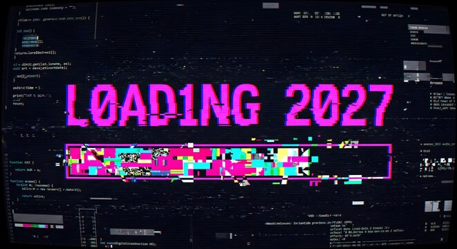 Cyberpunk Glitch Art Style 2027 Loading Screen with Digital Distortion and Colorful Pixel Artifacts