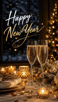 Champagne glasses and candles with happy new year greeting