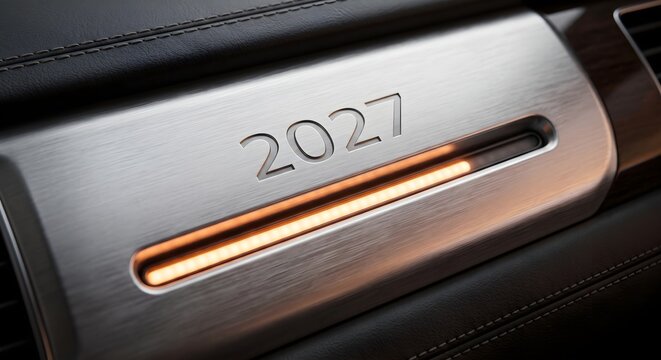 Luxury Brushed Metallic Car Dashboard Inlay with Engraved 2027 and Warm Glowing Light Slot Bar