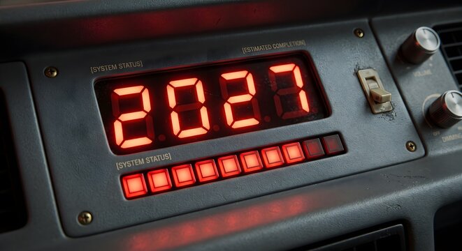 Vintage Industrial Control Panel with Red LED Digital Display for 2027 and Status Indicator Lights