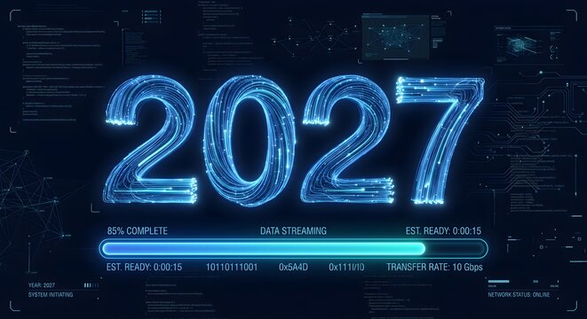 High-Tech Blue Digital Wireframe and Particle Network 2027 Typography with Data Stream Progress Bar