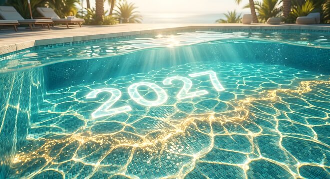Clear Shimmering Swimming Pool Water with Sparkling Golden Sun Rays and Glowing White 2027 Typography