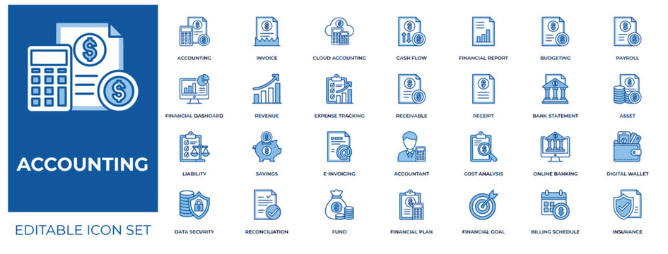 Accounting blue line icon set for financial management and business operations, editable icon set.